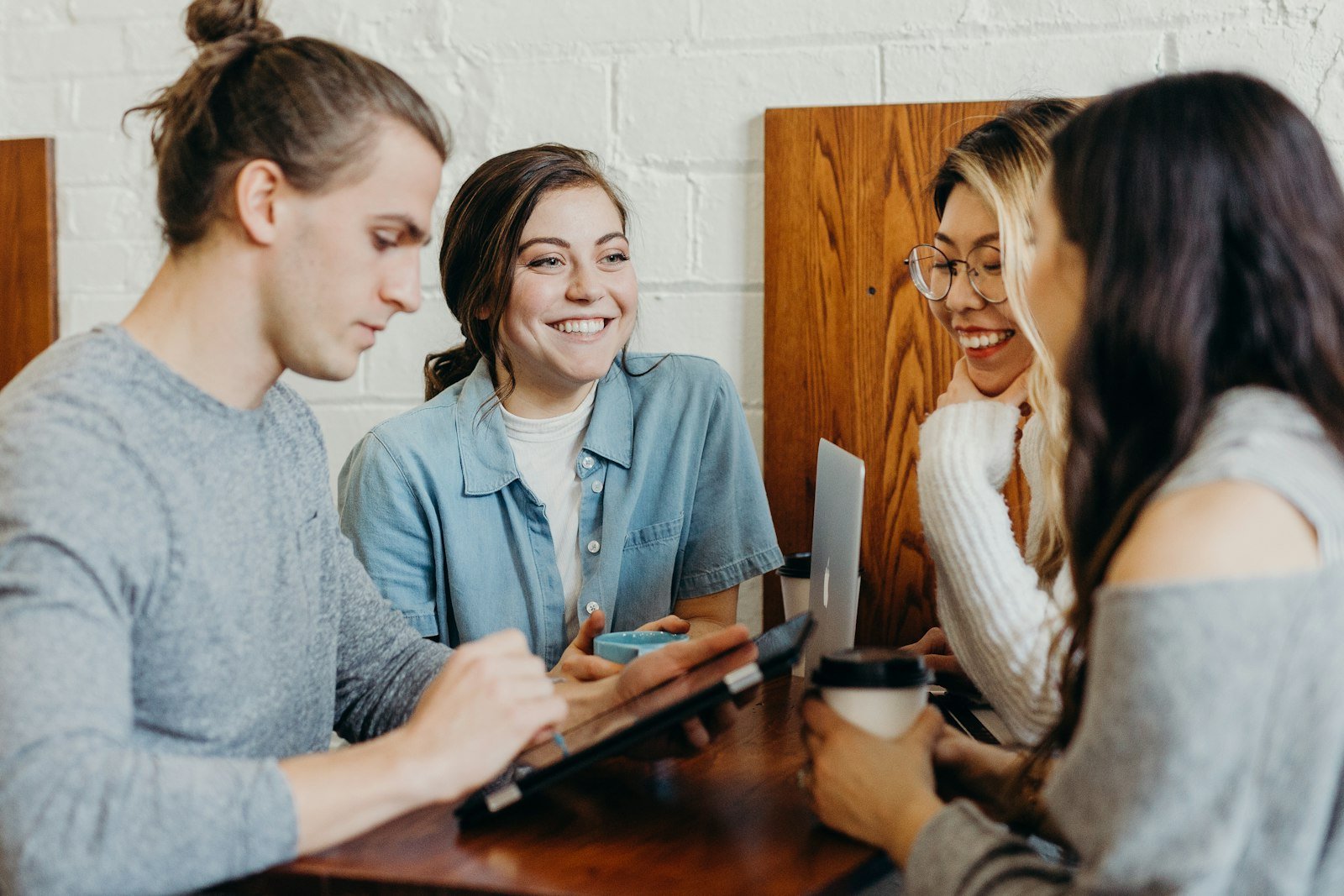 A team in conversation at a table